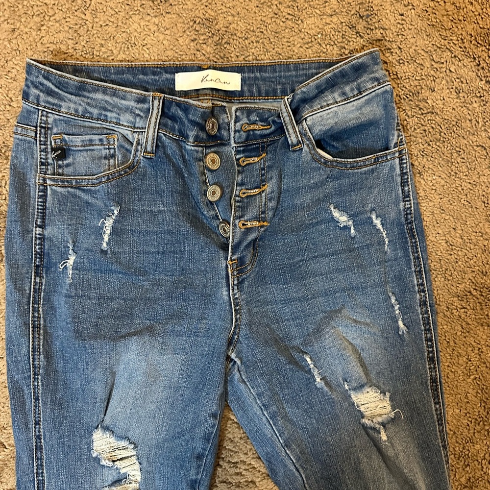 Blue Distressed Button-Fly Jeans